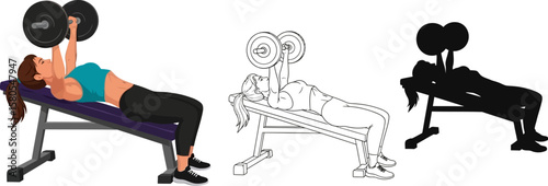 Woman doing bench press exercise with barbell at gym for strength training and fitness workout routine