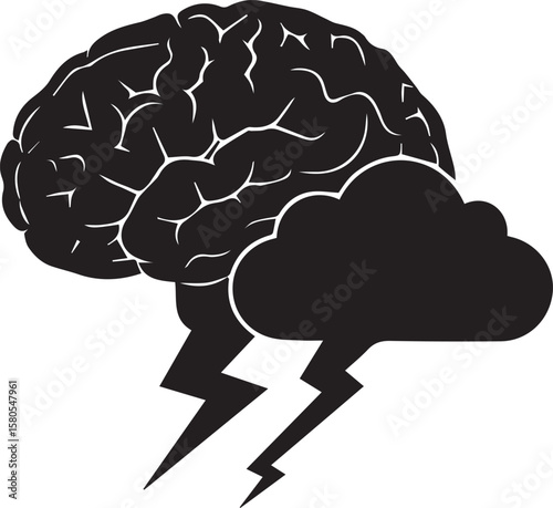 Vector art of a stylized brain with a thunderstorm cloud and lightning bolts, representing a powerful idea or mental storm isolated on transparent background