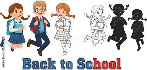 Back to school illustration with happy students jumping and smiling in color and outline for education design