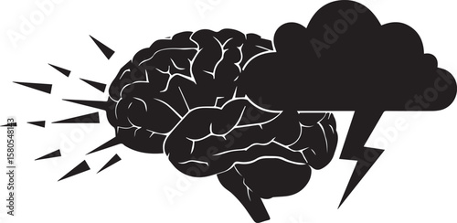 Vector art of a brain experiencing a mental storm with lightning and radiating energy, symbolizing intense thought or creativity isolated on transparent background