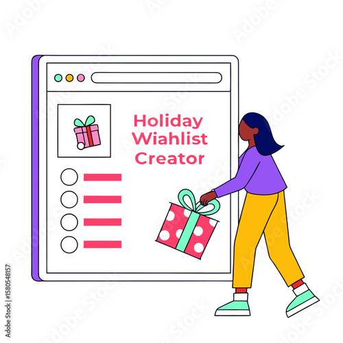 Woman adding a gift to a holiday wishlist creator on a computer screen with a list of items and gift icon