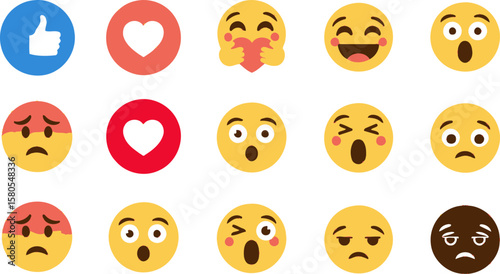 Emojis vector set expressing different emotions like love sad happy angry surprised and more emoji icons
