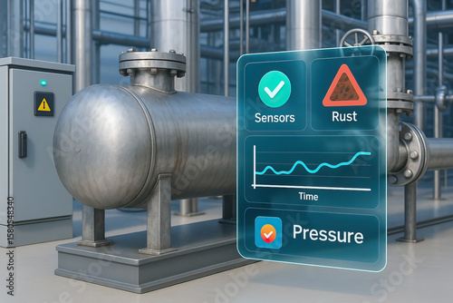 Wallpaper Mural Industrial metal tank with pressure monitoring and rust detection sensors displayed on digital interface, showing real time data and safety status in factory setting Torontodigital.ca