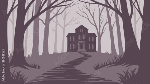Mysterious victorian house sits atop a hill surrounded by a dark misty forest