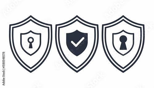 Three Grey Shields with Security Icons: Keyhole, Check Mark, and Keyhole Profile