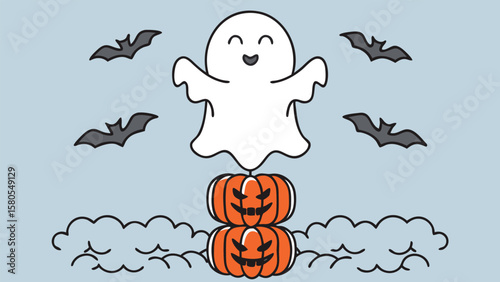 A cartoon ghost floating above stacked pumpkins with bats and clouds in the background scene