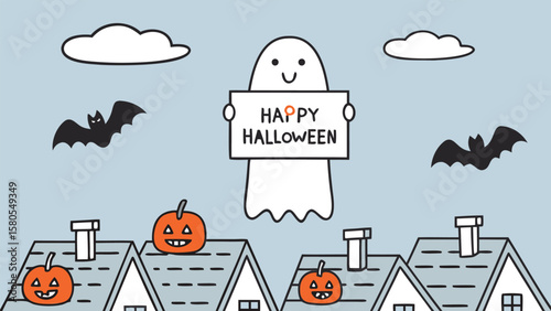 Cartoon halloween scene featuring a ghost holding a happy halloween sign over rooftops and bats flying 100