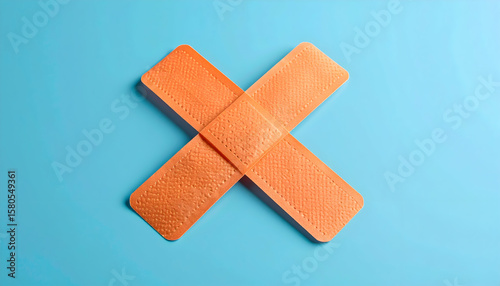 Two Orange Fabric Bandages Crossed on a Blue Background