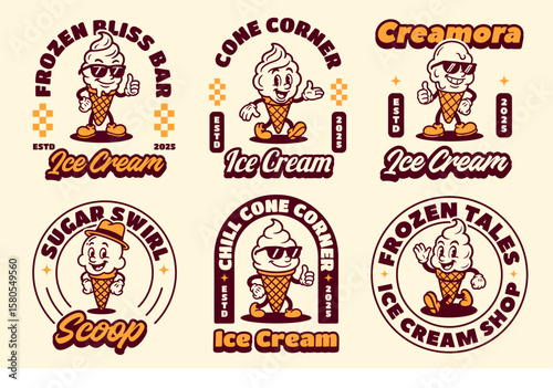 Set of Ice Cream Retro Mascot Logo for Ice Cream Shop and Cafe. Cartoon Character Vector Illustration in Vintage Style