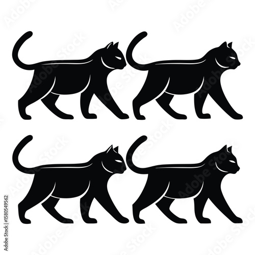 Four black cats walking in profile