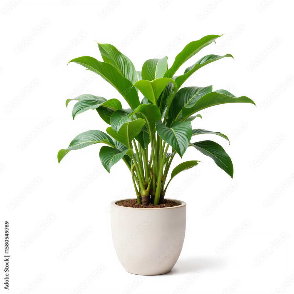 Fototapeta premium Large indoor Spathiphyllum plant in white pot on white background for home décor concept