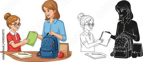 Cartoon illustration of mother and daughter preparing for school with backpack and lunch bag design vector 1