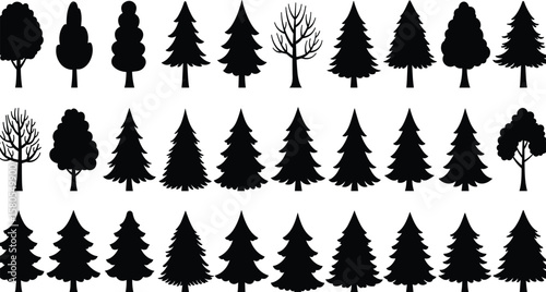 Tree silhouettes cad drawing flat vector illustration, assorted forest icons in three rows of varied foliage, front view nature layoutTree silhouettes cad drawing 