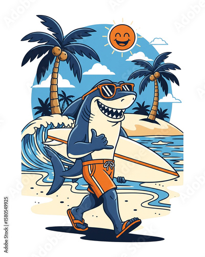 Cool Cartoon Shark Wearing Sunglasses and Surf Shorts Walking on Tropical Beach with Surfboard Palm Trees Smiling Sun and Ocean Waves in Fun Summer Holiday Illustration