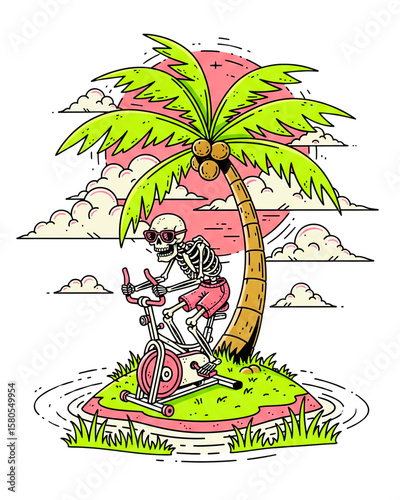 Funny Skeleton Riding Exercise Bike on Tiny Tropical Island with Palm Tree Sunset and Ocean in Humorous Cartoon Illustration Concept of Workout Vacation and Summer Fitness.