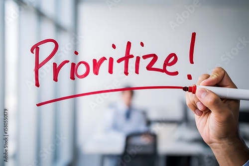 Red marker writing prioritize on glass with person in background image