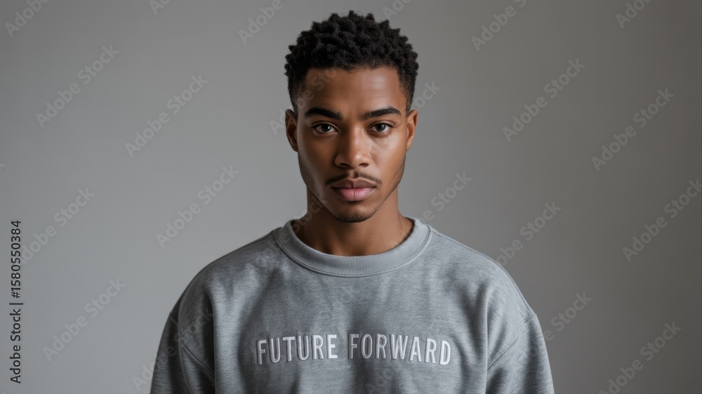 Obraz premium A young man with a serious expression wears a gray sweatshirt with 'FUTURE FORWARD' text, set against a neutral background.
