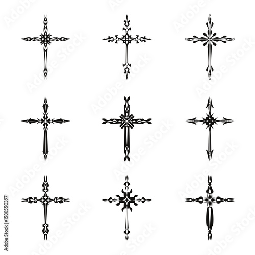 Christian cross vector icon symbols.  Abstract christian religious belief or faith art illustration for orthodox or catholic design. The symbol of the cross in various designs used in tattoo.		