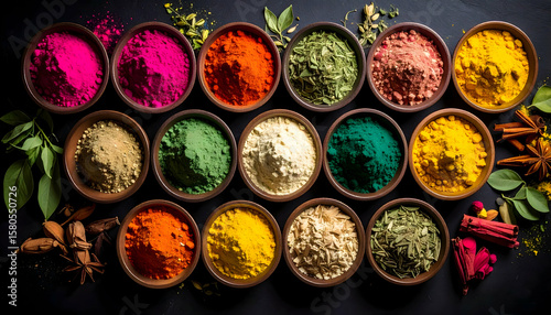 Vibrant Collection of Colorful Spices and Herbs in Bowls