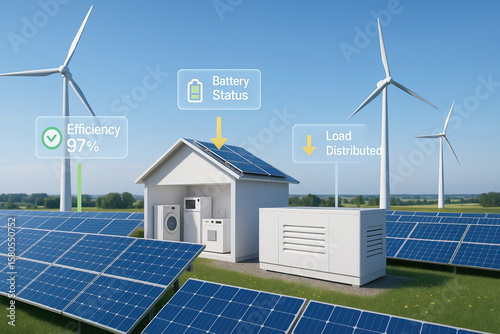 Solar panel wind turbine renewable energy battery storage energy efficiency sustainable power green technology house countryside clean energy solar array wind power energy management eco friendly