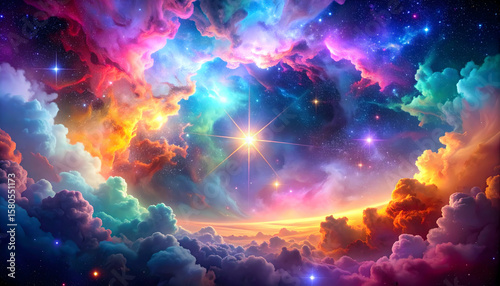Vibrant Cosmic Cloudscape with Rainbow Hues and Bright Stars