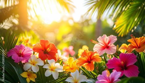 Vibrant Hibiscus and Plumeria Flowers in Tropical Sunlight