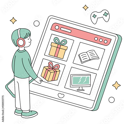 A boy with headphones interacts with a large tablet displaying gifts book and a computer screen online shopping