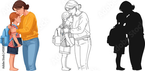 Mother daughter love illustration back to school goodbye hug and kiss vector art design template image