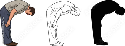 Man bending over illustration set for exercise stretching and posture correction with silhouette style