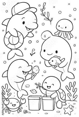 Cute Ocean Animals Underwater Scene Coloring Pages And Vector .
