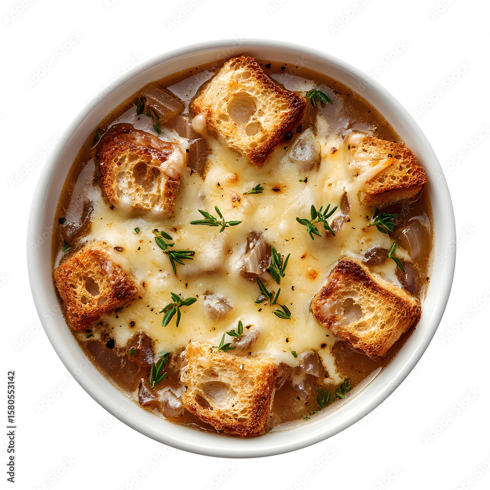 Onion soup with melted cheese and croutons isolated on a white background Onion soup with melted cheese and croutons isolated on a white background