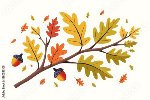 Illustration of an oak tree branch with colorful autumn leaves and acorns, showcasing a playful fall theme in flat design style on a white background for seasonal, educational, or decorative use.