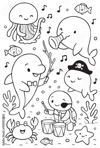 Cute Ocean Animals Underwater Scene Coloring Pages And Vector .
