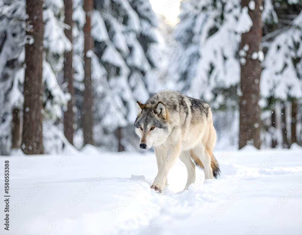 Naklejka premium A lone wolf with striking gray and white fur cautiously traverses a pristine, snow-covered landscape amidst falling snowflakes, embodying the raw beauty of winter wilderness.