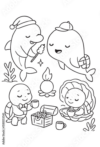 Cute Ocean Animals Underwater Scene Coloring Pages And Vector .