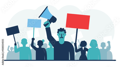 Diverse crowd protesting with signs and megaphone