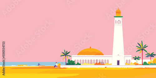 A stunning architectural masterpiece with a tall tower stands proudly. The vibrant, minimalist style is perfect for illustrating design, architecture, or travel.