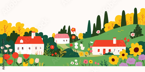 A whimsical illustration of a quaint village scene. Houses with red roofs are nestled in a lush landscape with vibrant flowers, creating a cheerful and idyllic scene.