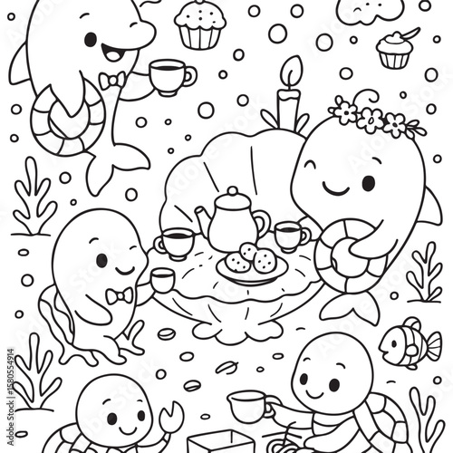 Cute Ocean Animals Underwater Scene Coloring Pages And Vector .