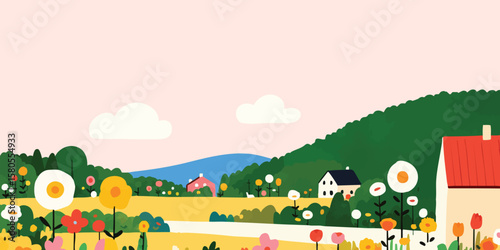 An idyllic countryside scene unfolds, a house stands with a vibrant display of wildflowers and rolling hills beneath a serene, pastel sky. Capture the beauty of nature.