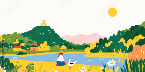 A serene illustrated scene showcases a peaceful moment of contemplation beside a tranquil river, in a picturesque countryside with rolling hills.