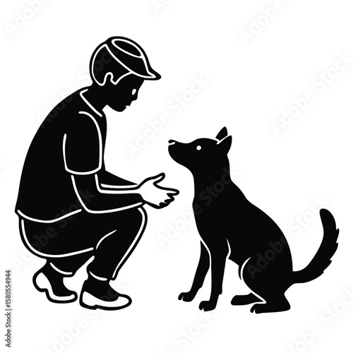 Joyful silhouette of a person and their beloved pet playing together outdoors capturing a moment of pure companionship and happiness in a simple elegant design