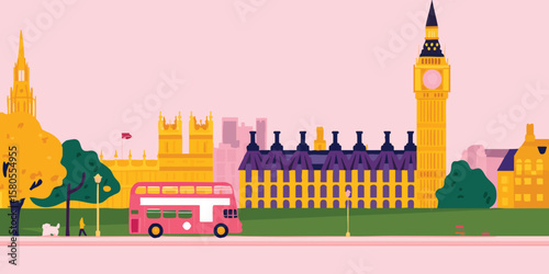 A stylized illustration of London's iconic landmarks, including Big Ben and a double-decker bus, set against a pastel backdrop, offering a charming and artistic representation of the city.