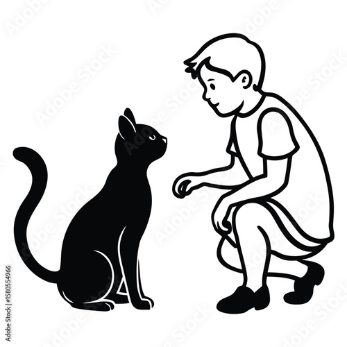 Playful silhouette of a person interacting with their beloved cat showcasing a heartwarming bond and companionship in a simple elegant design