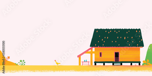 A tranquil illustration of a traditional wooden house, evoking a sense of simplicity and peaceful rural life. The image shows a yellow house with a green roof.