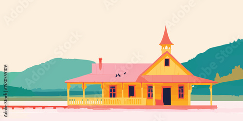 Colorful riverside building featuring dock in an illustrative style evokes tranquility