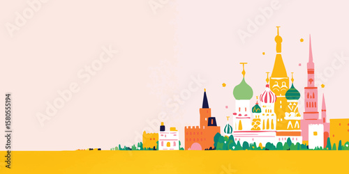 Vibrant cityscape in an artistic panorama. Showcasing a collection of distinctive architectural marvels, rendered in a graphic, colourful art style.