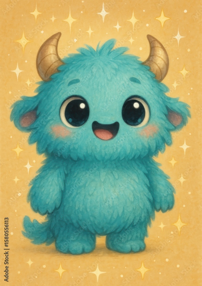 Fototapeta premium Adorable blue monster with horns