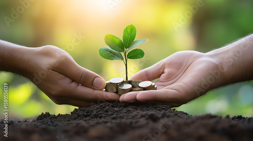 young plant grow up on money coins in hands for concept investment mutual fund finance and business
