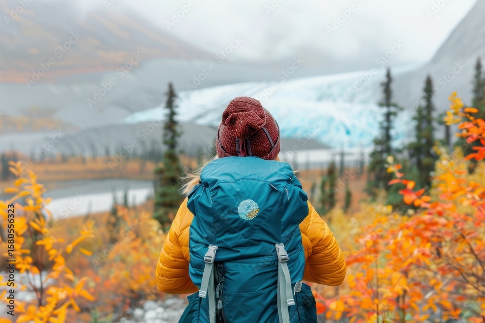 Naklejka premium Adventurer enjoys breathtaking view of glacier and fall foliage in national park during chilly autumn day